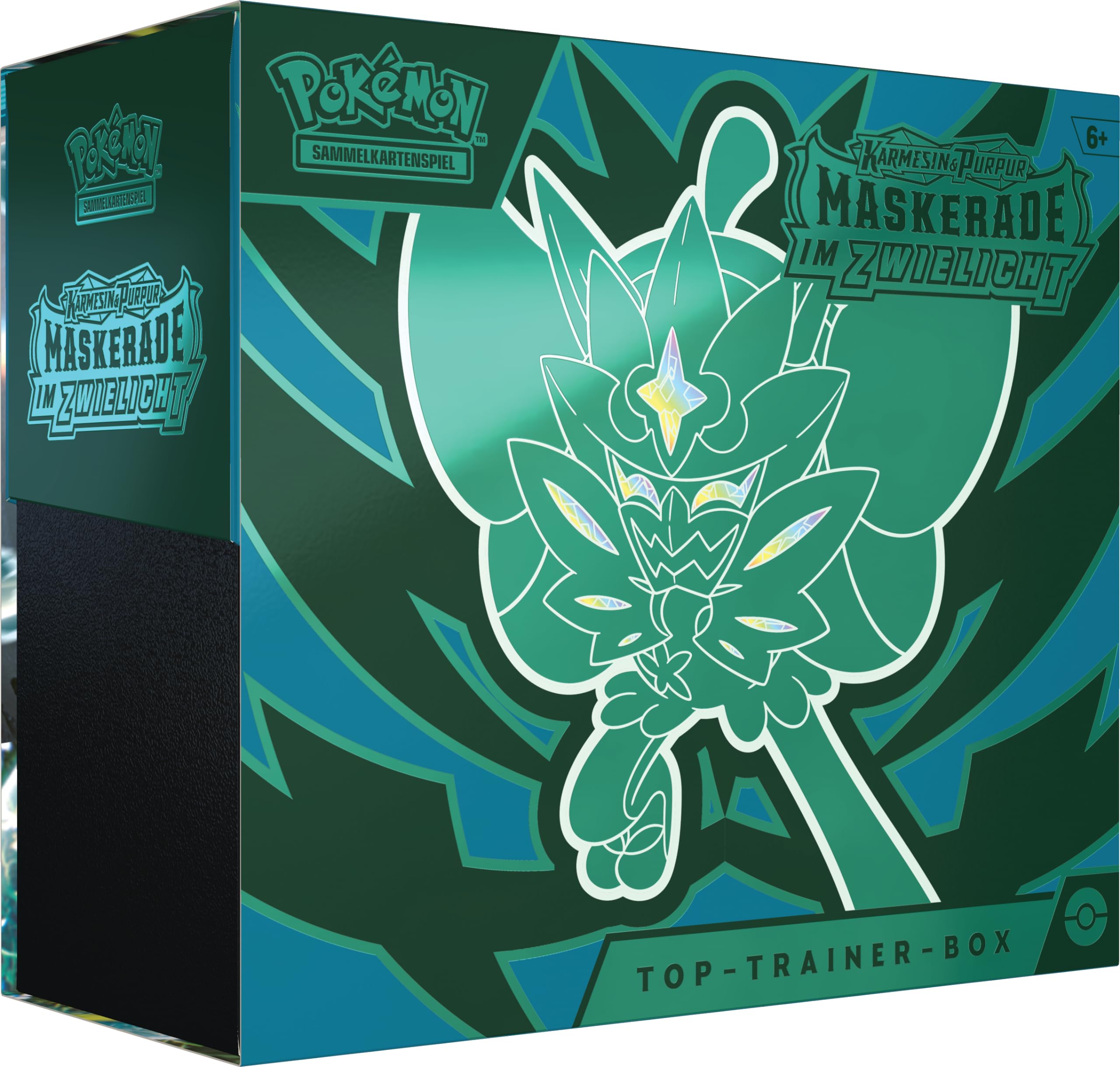 Pokémon-Sammelkartenspiel: Top-Trainer-Box Karmesin & Purpur – Maskerade im Zwielicht (1 Vollbild-Promokarte mit Türkisgrüne-Maske-Ogerpon, 9 Boosterpacks & Premium-Zubehör)