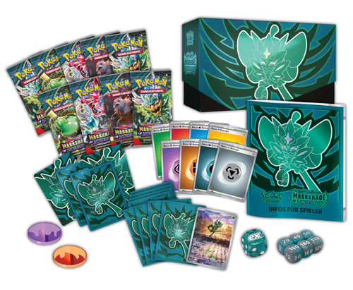 Pokémon-Sammelkartenspiel: Top-Trainer-Box Karmesin & Purpur – Maskerade im Zwielicht (1 Vollbild-Promokarte mit Türkisgrüne-Maske-Ogerpon, 9 Boosterpacks & Premium-Zubehör)