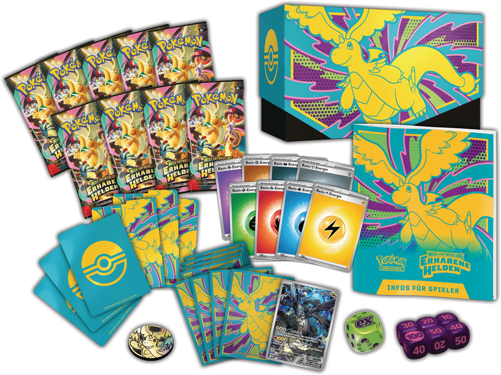 Pokémon-Sammelkartenspiel: Top-Trainer-Box Mega-Entwicklung – Erhabene Helden (1 Vollbild-Promokarte, 9 Boosterpacks & Premium-Zubehör)